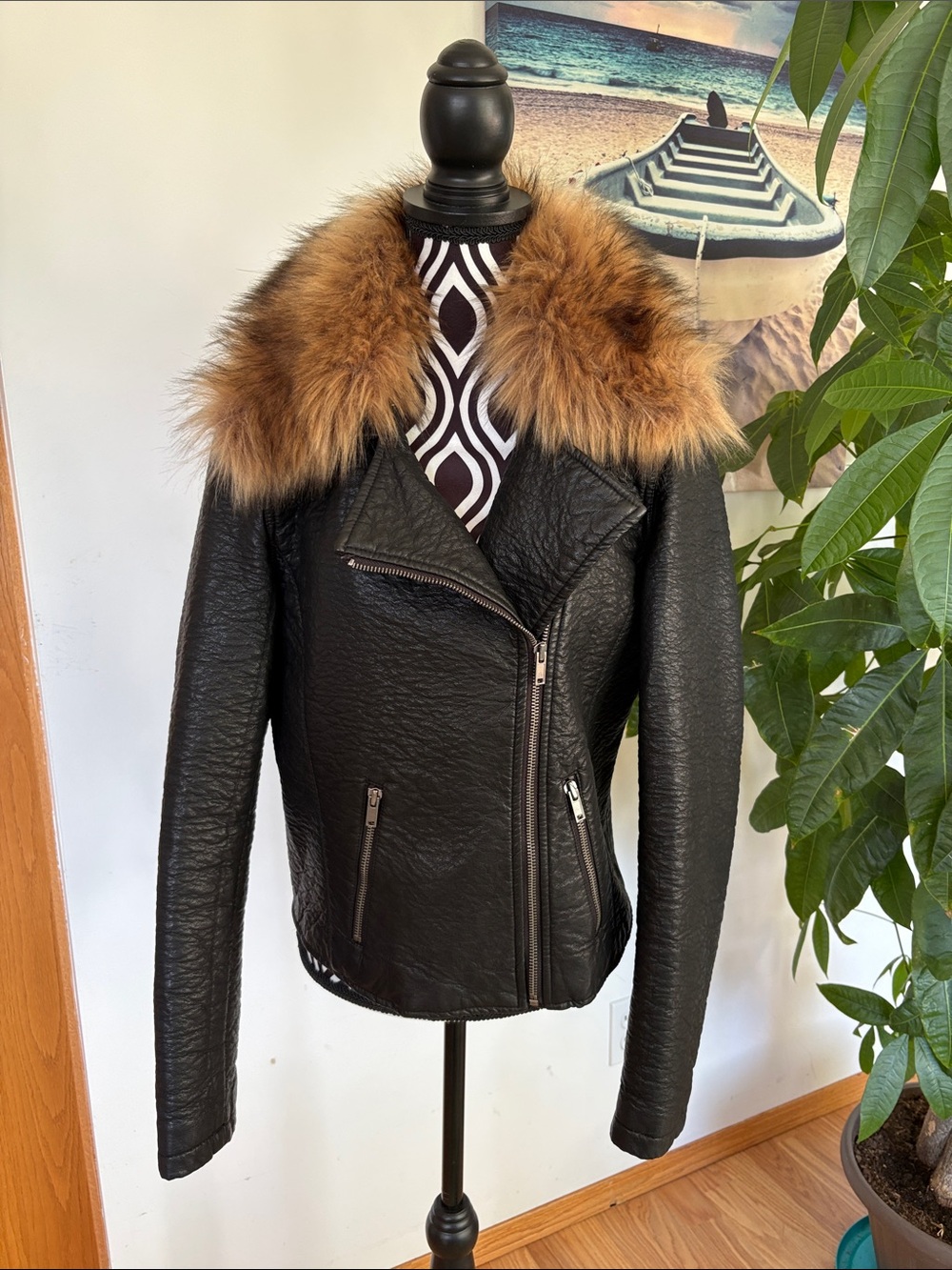 Jessica Simpson Black Faux Leather Jacket with Brown Fur Collar